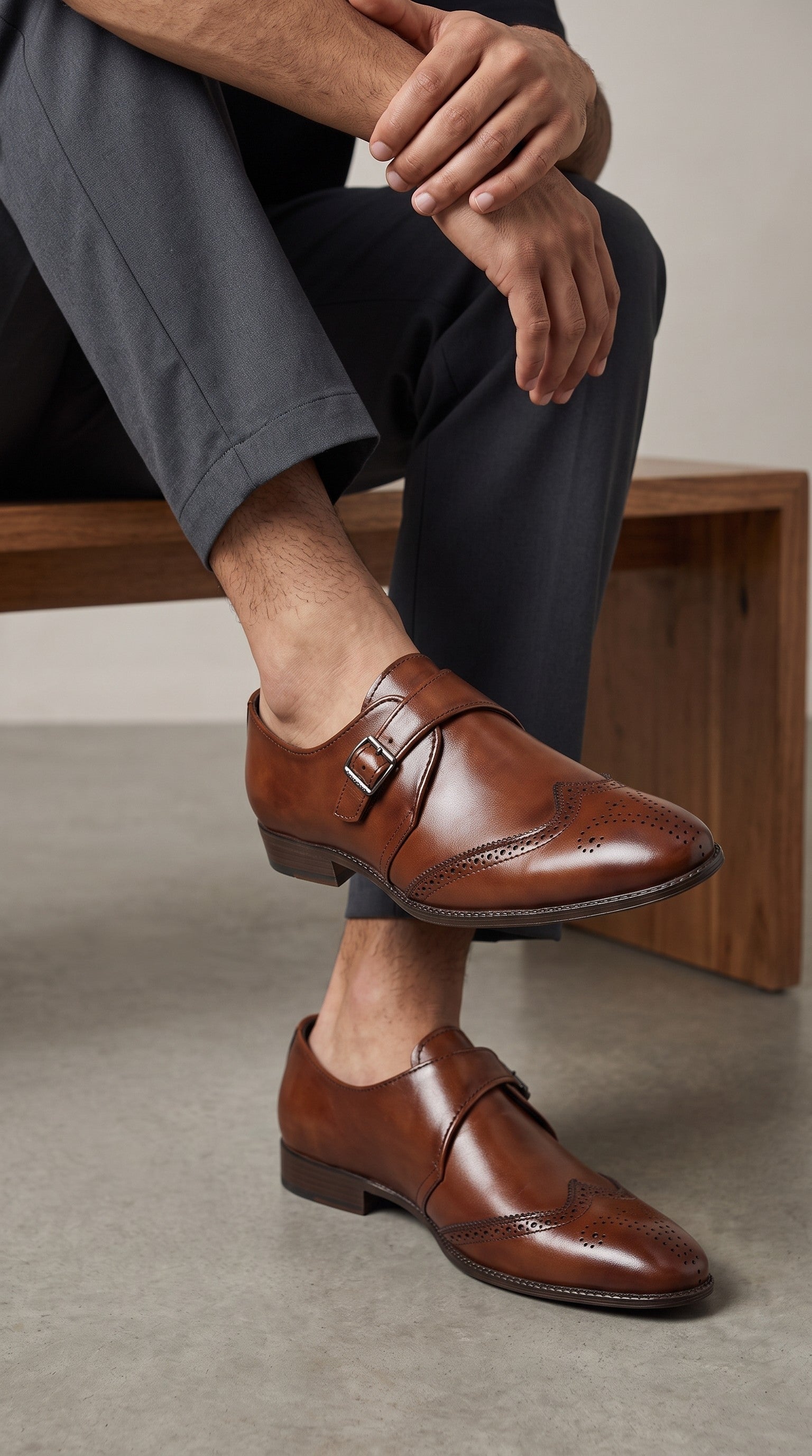 Monk Strap Leather Brogue Shoes-K70004